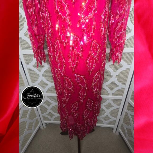 Scala Vintage 80's Red 100% Silk Sequin and Beaded Leaf Handkerchief Hem Dress - Picture 6 of 16